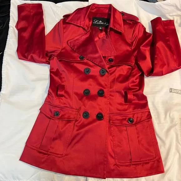 Love NY Red Satin Double-Breasted Trench Coat Military Style Jacket-Small - Picture 4 of 7